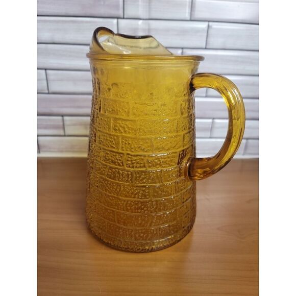 Vintage Anchor Hocking Amber Gold Brick Glass Water Pitcher W/Ice Lip - Picture 3 of 8
